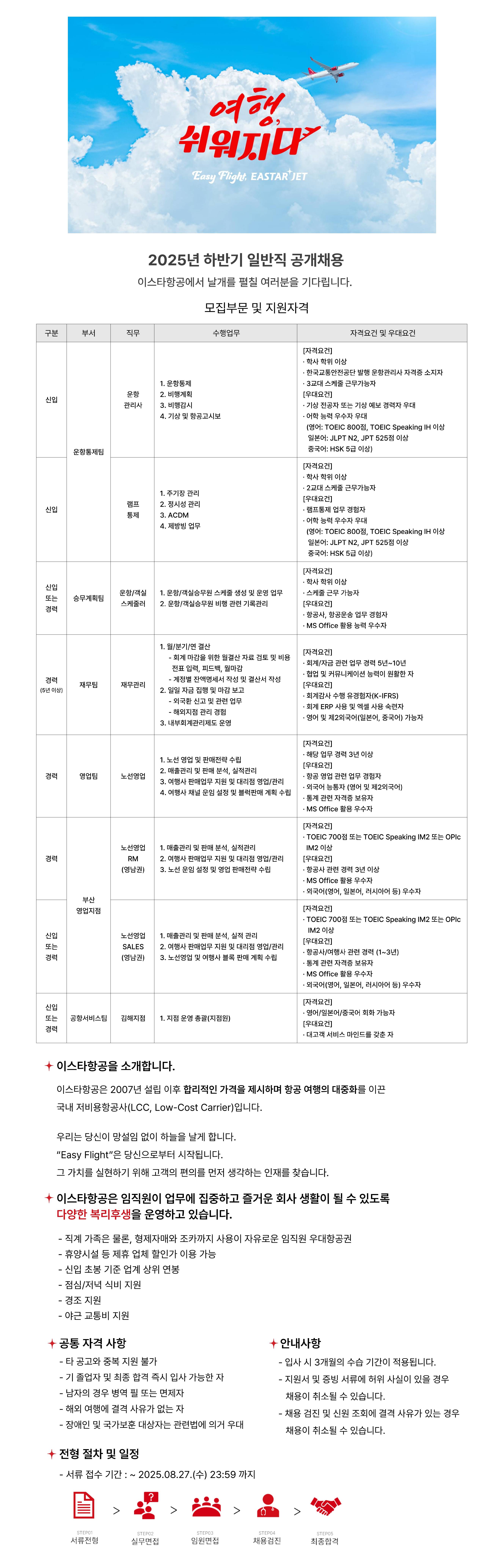 [이스타항공] 2025년 하반기 일반직 공개채용