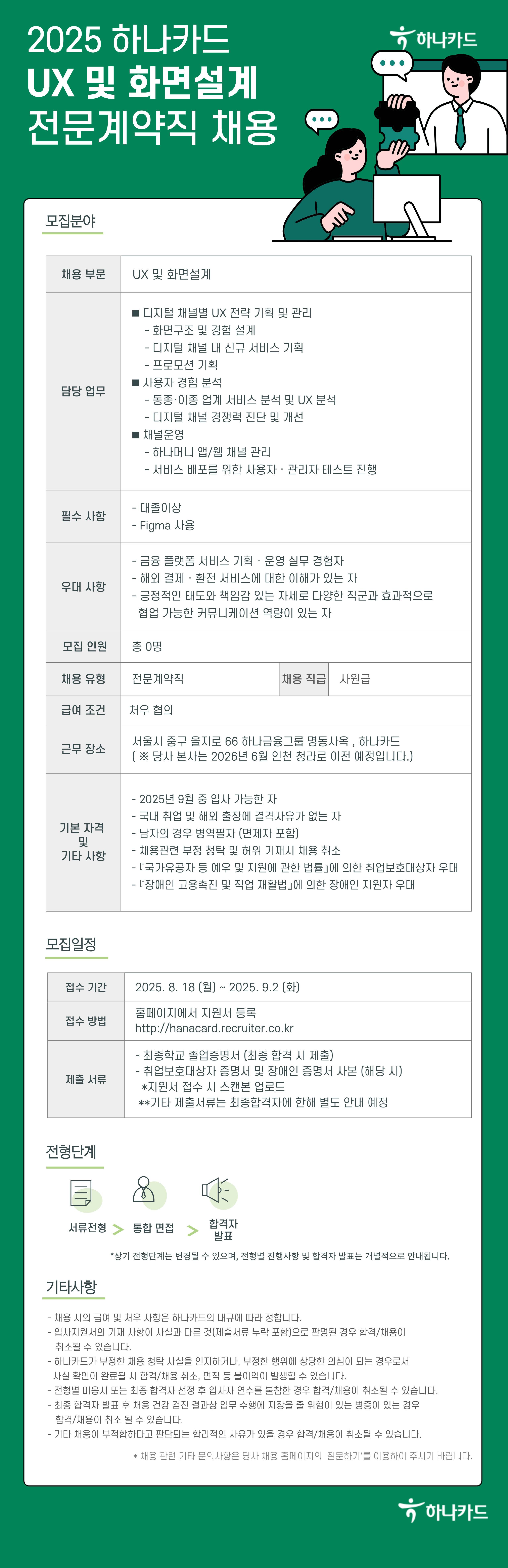 [하나카드] [전문계약직] 2025 하나카드 UX 및 화면설계 전문계약직 채용