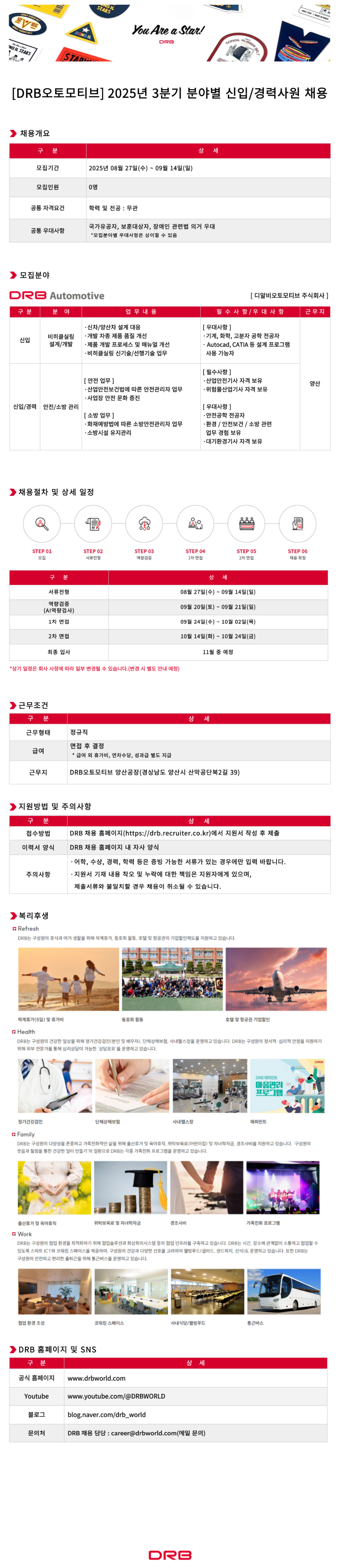 [DRB오토모티브] 2025년 3분기 분야별 신입/경력사원 채용