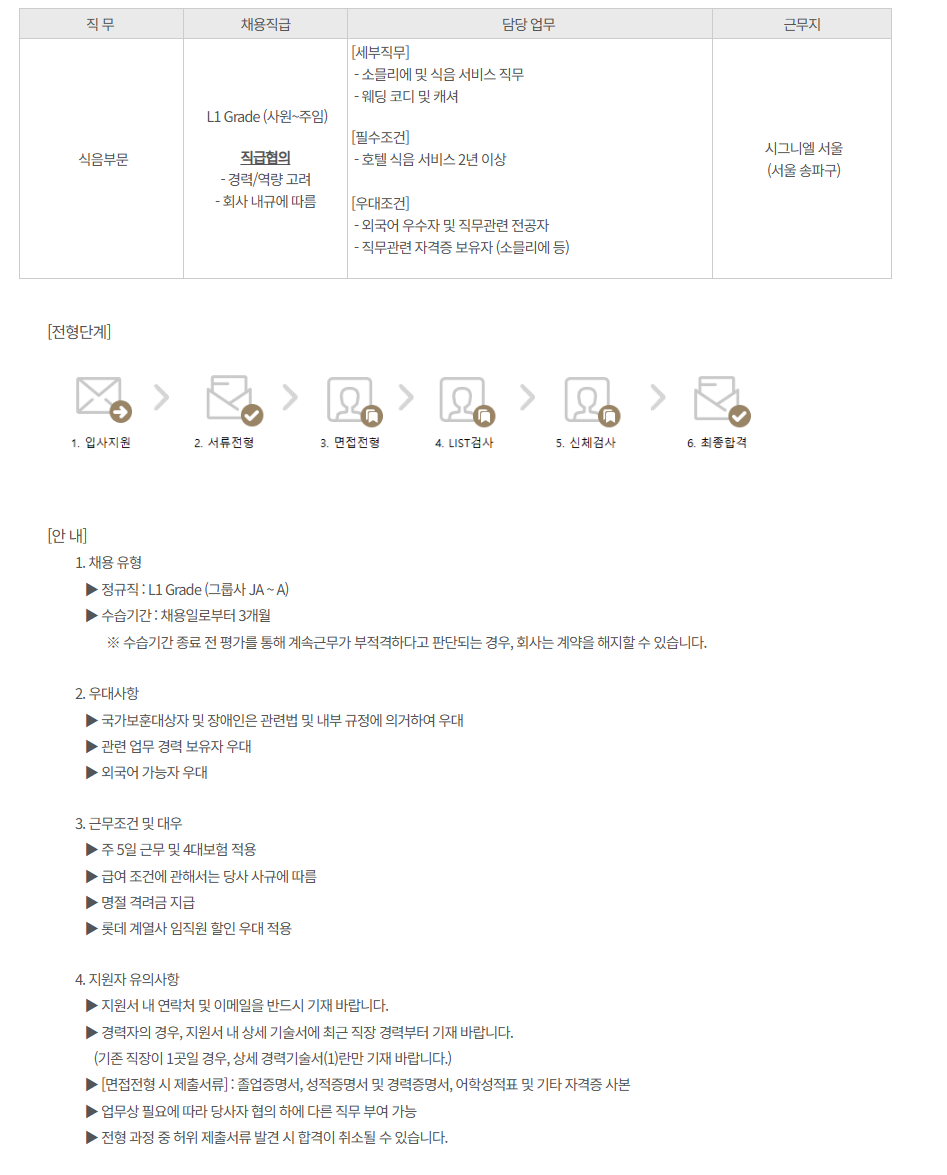 [호텔롯데] 시그니엘 서울 식음부문 정규직 채용