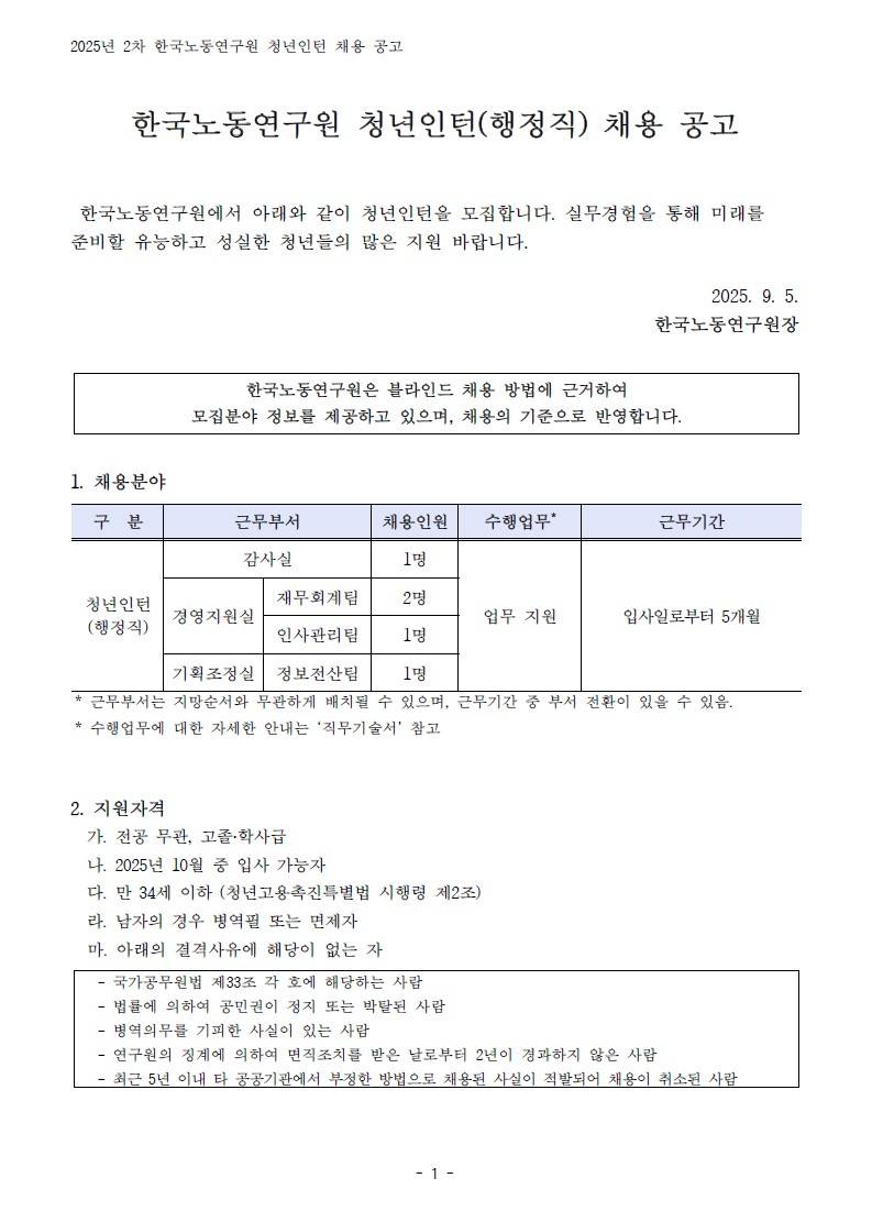 [한국노동연구원] 2025년 2차 청년인턴(행정직) 채용 공고