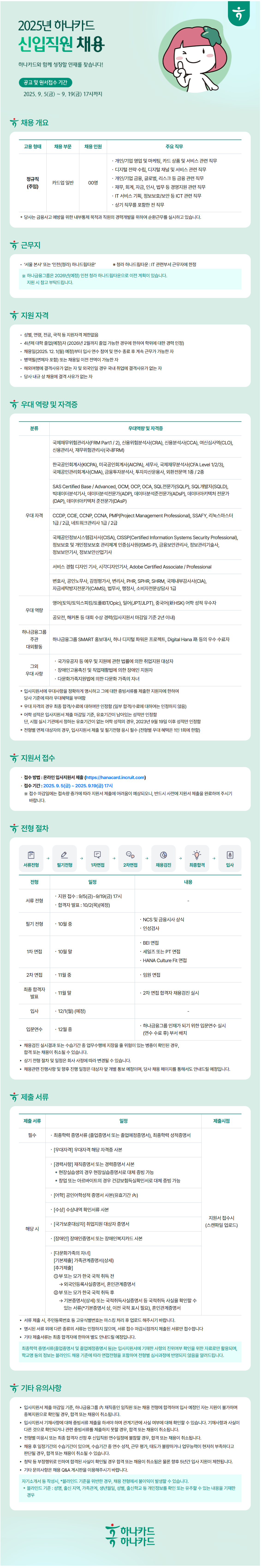[하나카드] 2025년 신입직원 채용