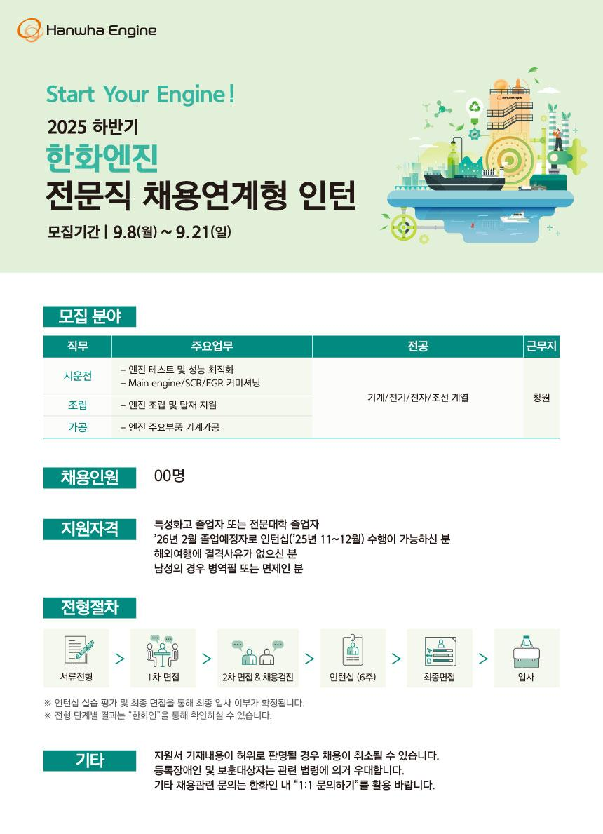 [한화엔진] 2025년 전문직(인턴십) 채용