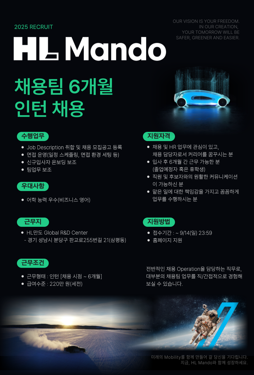 [HL만도] 2025년 하반기 채용팀 인턴 채용