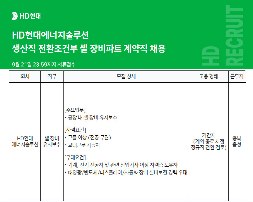 [HD현대에너지솔루션] 생산직 전환조건부 셀 장비파트 계약직 채용