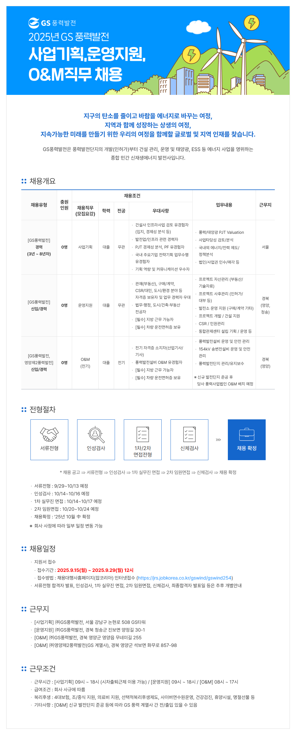 [GS풍력발전] 2025년 GS풍력발전 사업기획, 운영지원, O&M직무 채용