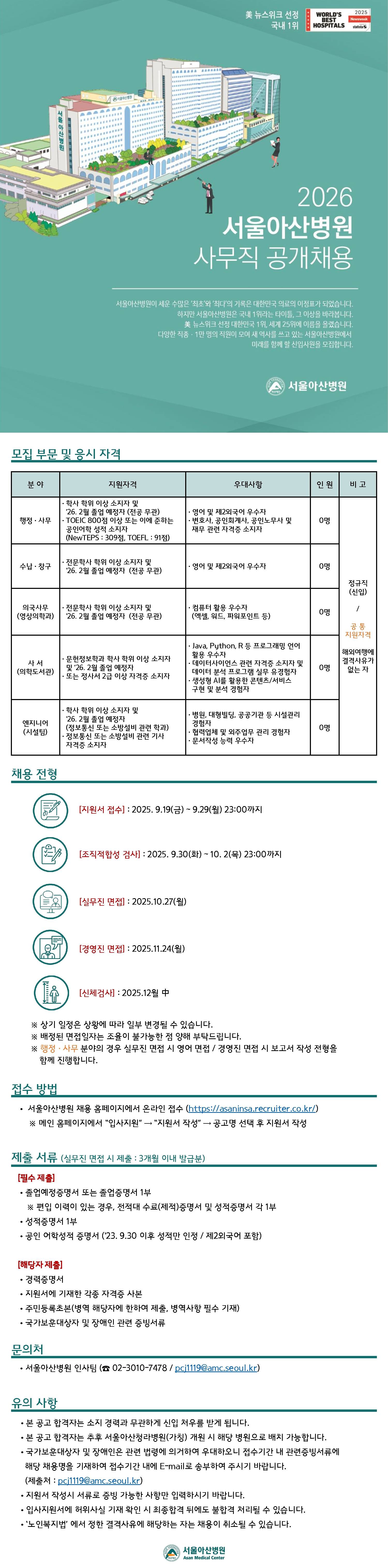 [서울아산병원] 2026 사무직 공개채용