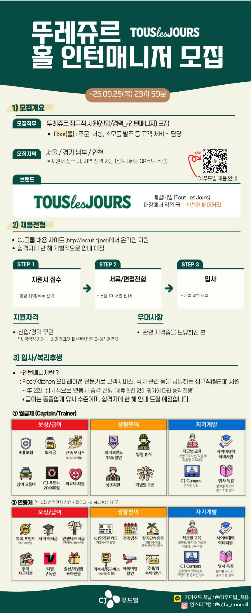 [CJ푸드빌] 뚜레쥬르 인턴매니저(신입/경력 무관) 모집