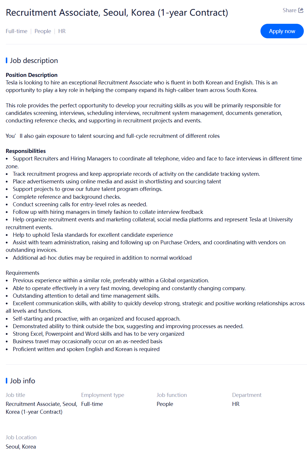 [테슬라코리아] Recruitment Associate, Seoul, Korea (1-year Contract)