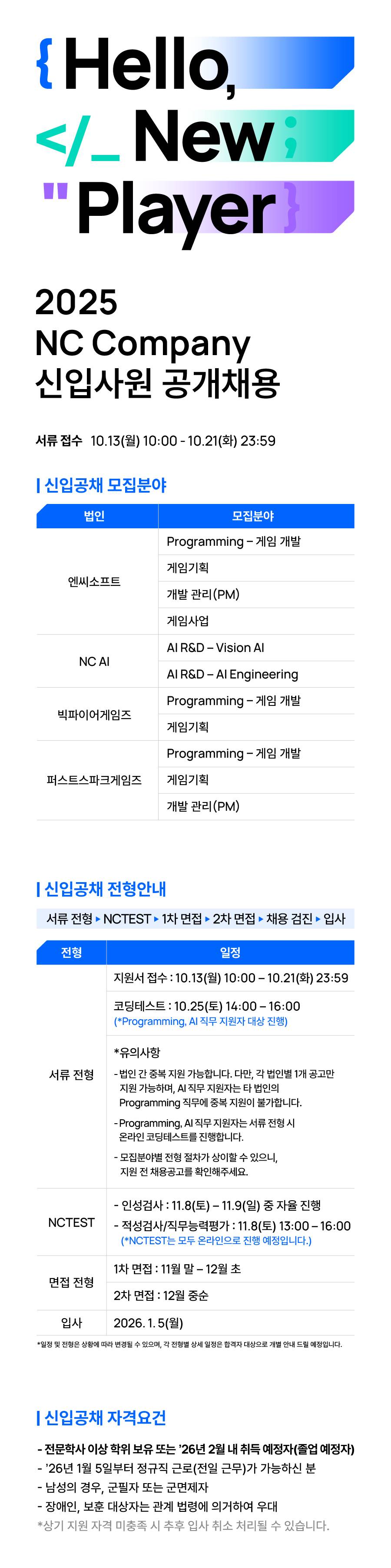 2025 NC Company 신입공채/전문연구요원 모집