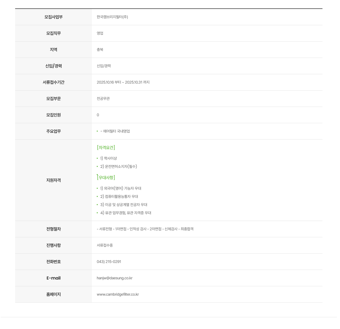 [한국캠브리지필터]국내영업 신입/경력사원 모집 채용