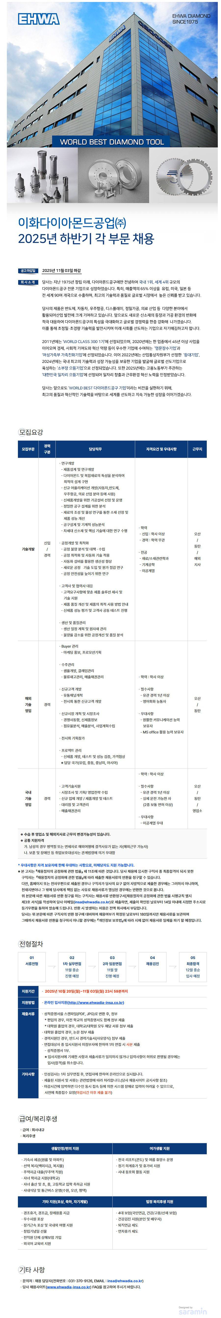 [이화다이아몬드공업] 2025년 하반기 각 부문 채용