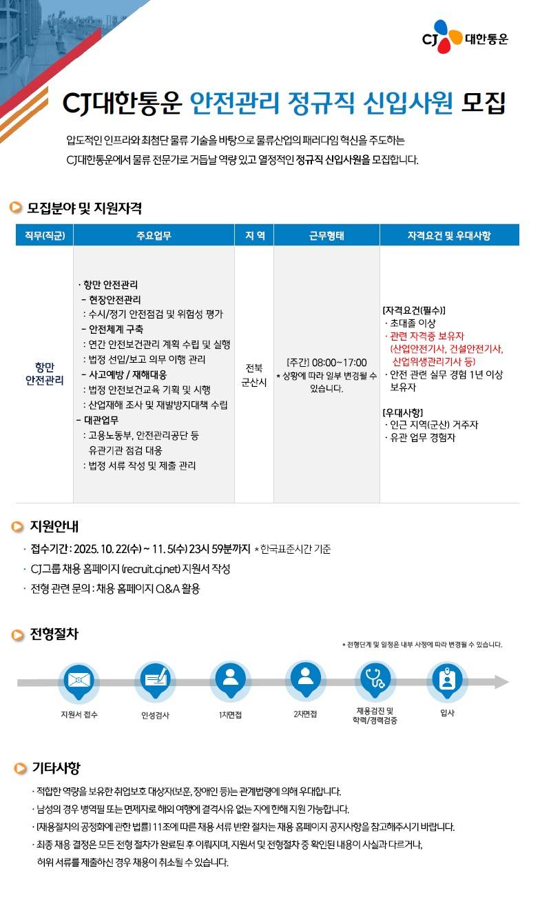 [CJ대한통운] 지역인재(안전관리) 신입사원 채용
