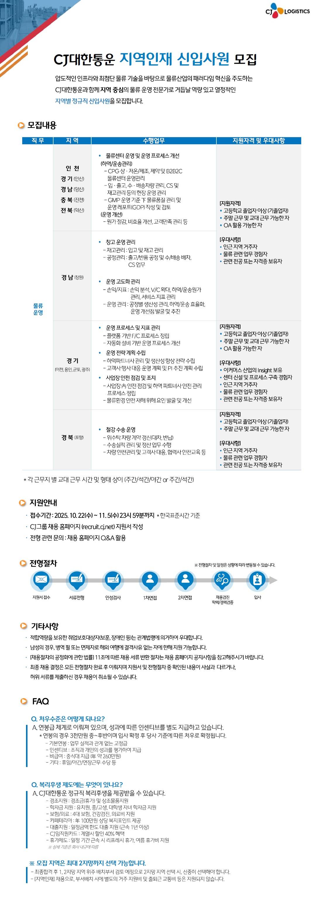 [CJ대한통운] 지역인재(물류운영) 신입사원 채용