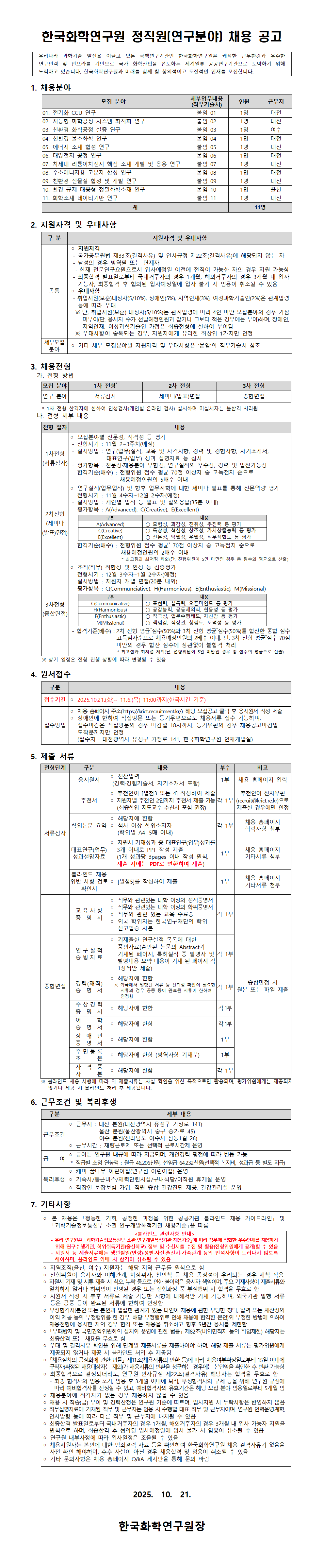 [한국화학연구원] 2025년 하반기 정직원(연구분야) 채용