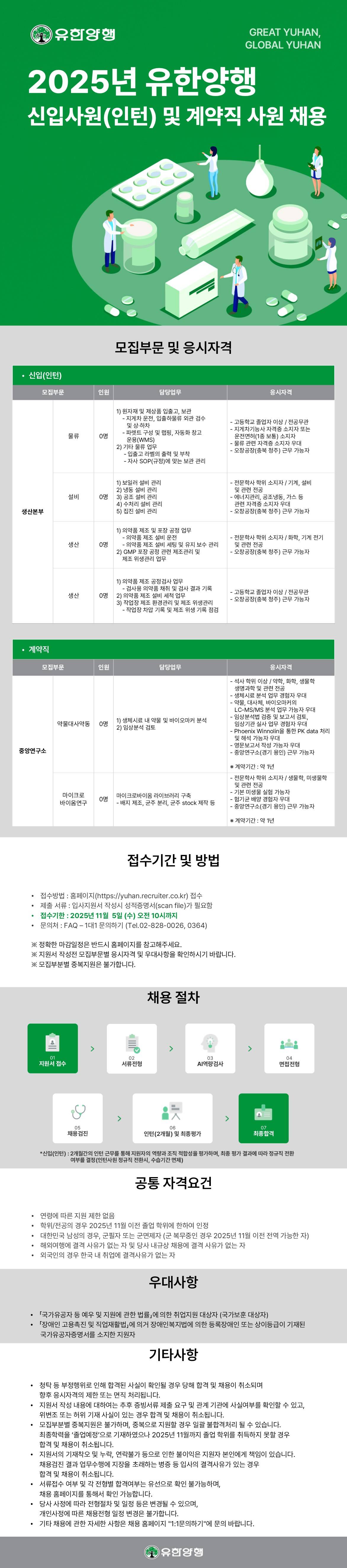 [유한양행] 2025년도 신입(인턴) 및 계약직 사원 채용