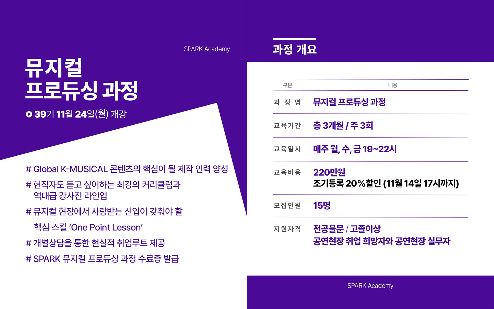 콘서트 뮤지컬 공연현장 진출! 스파크 아카데미 39기 모집(~11/14 할인)