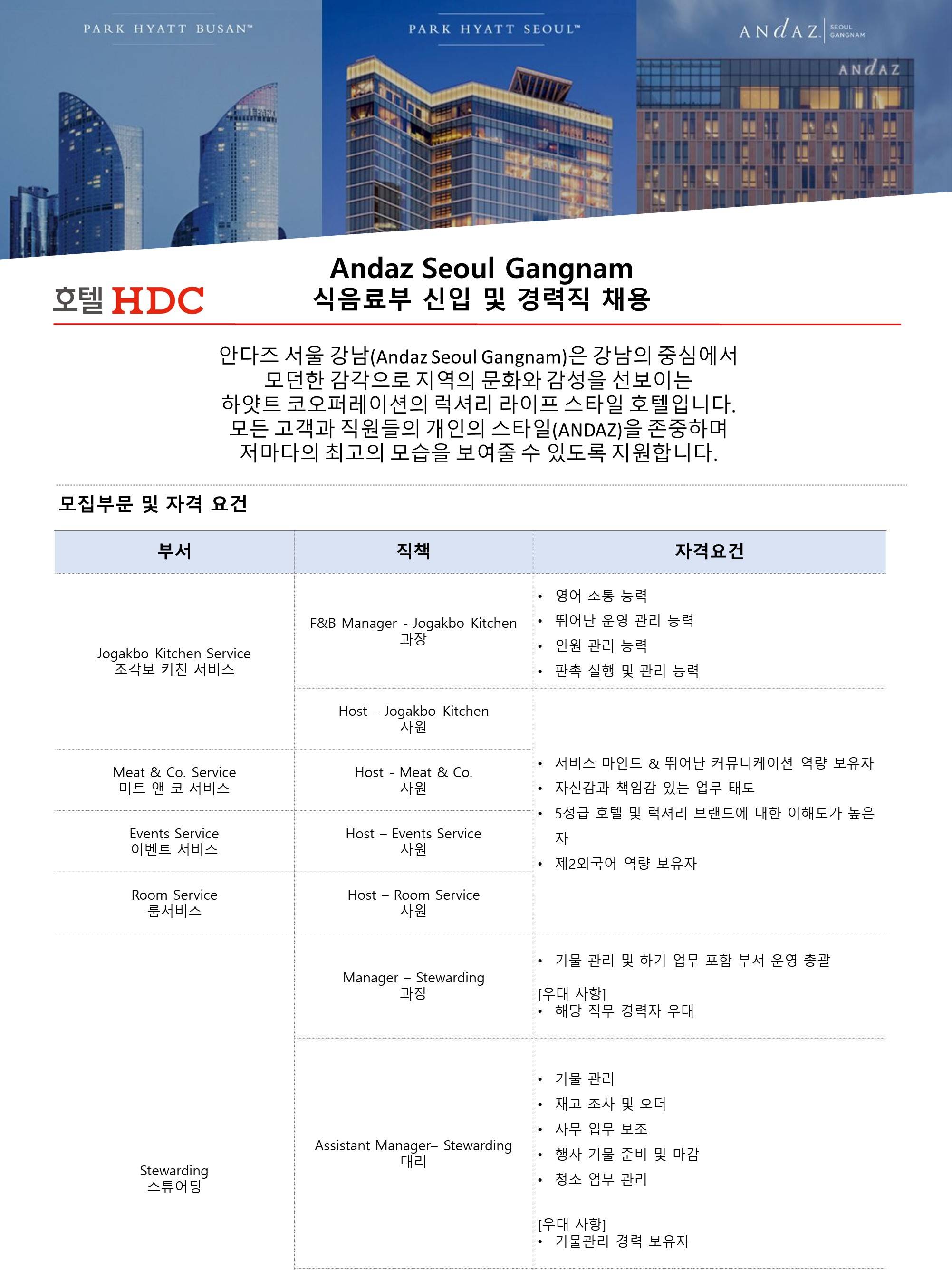 [호텔HDC] 안다즈 서울 강남 판촉부/조리부 채용