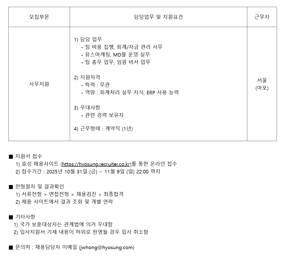 [효성] 마케팅 부문 사무지원 계약직 사원 채용