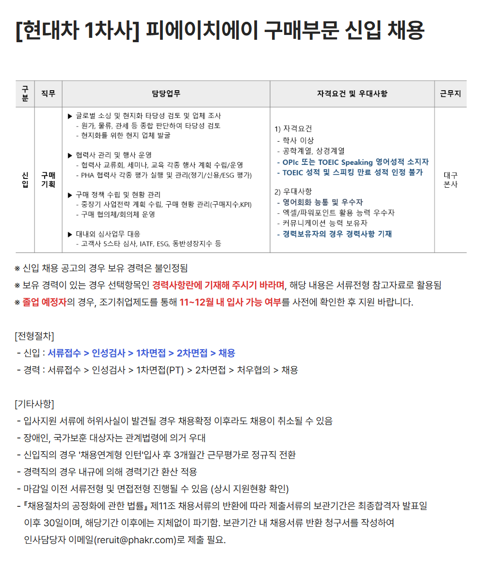 [피에이치에이] 구매부문 신입 채용