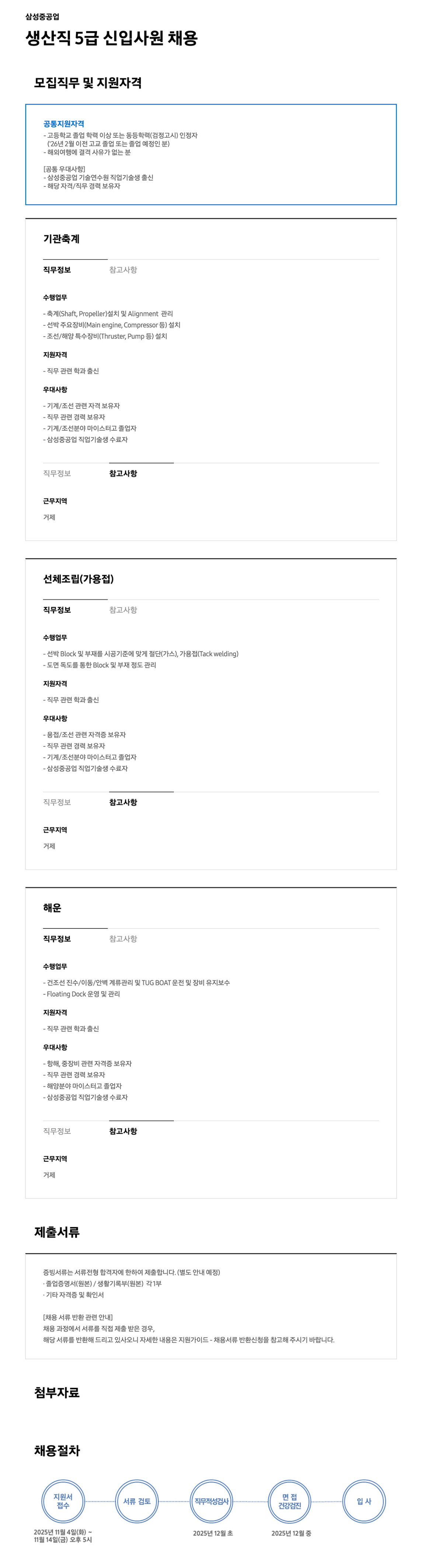 [삼성중공업] 생산직 5급 신입사원 채용