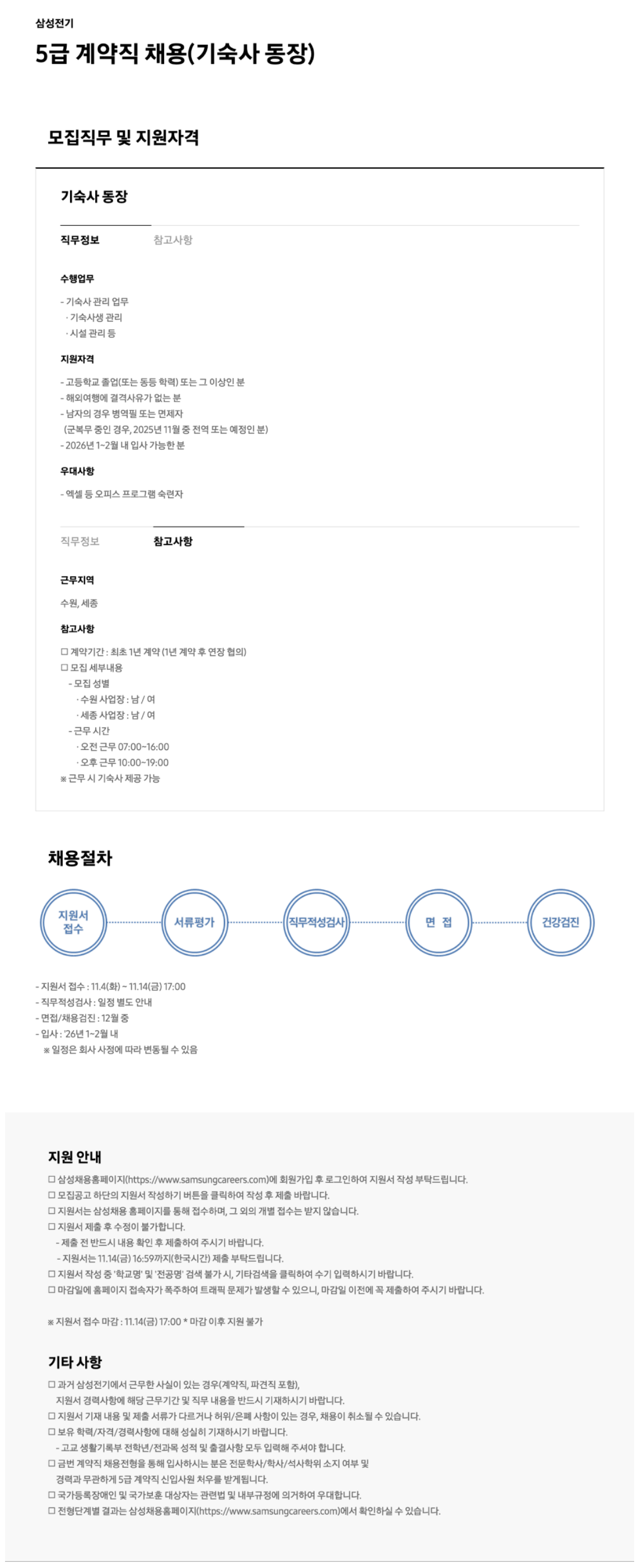 [삼성전기] 5급 계약직 채용(기숙사 동장)