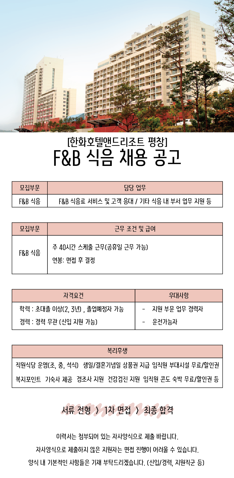 [한화호텔앤드리조트] 한화호텔앤드리조트 평창 F&B/조리파트 신입/경력사원 채용