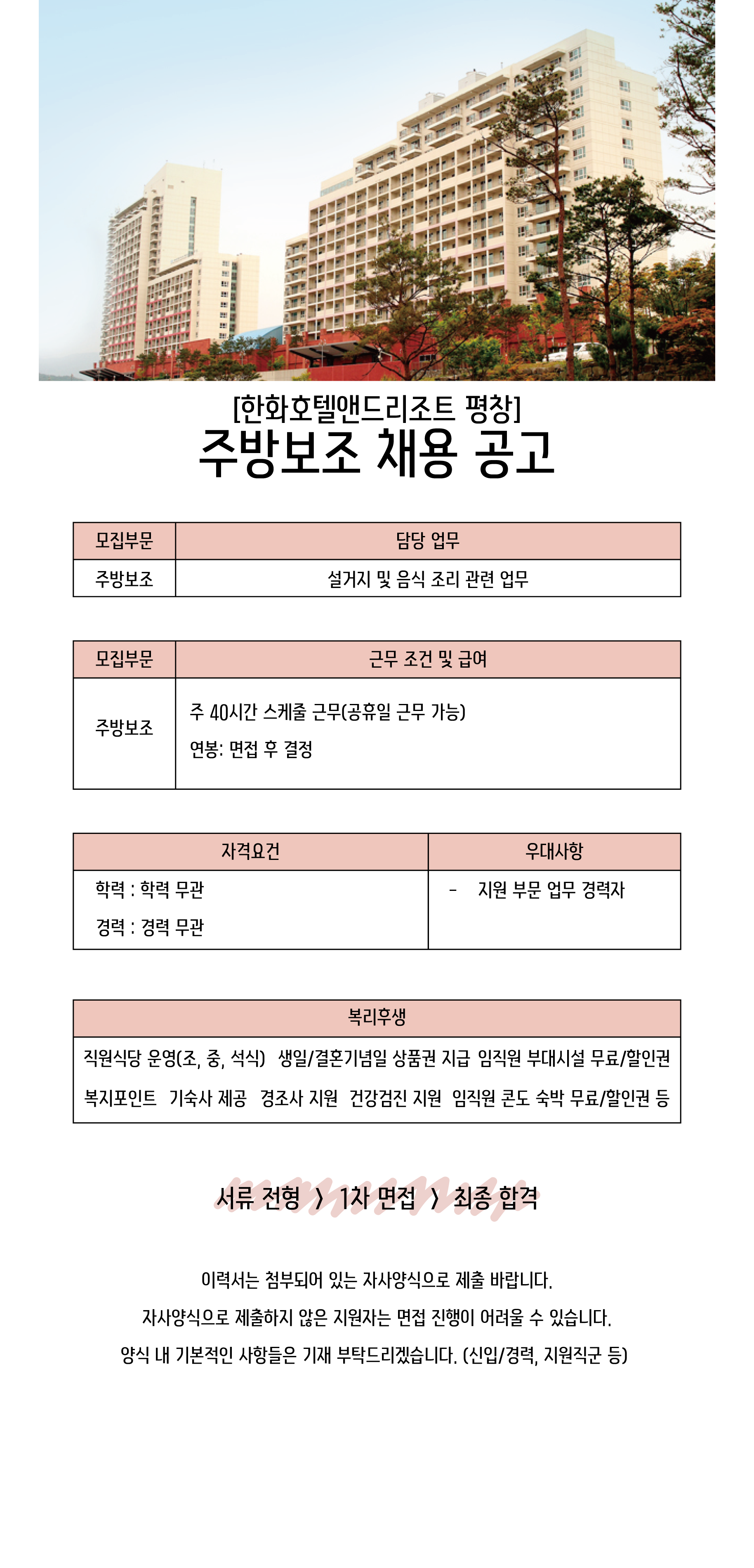 [한화호텔앤드리조트] 한화호텔앤드리조트 평창 F&B/조리파트 신입/경력사원 채용