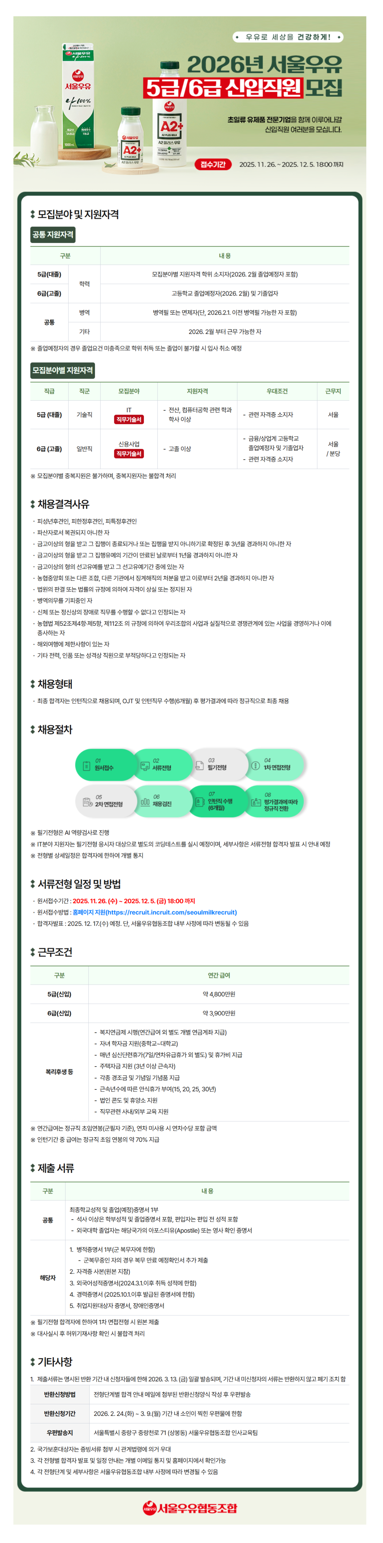 [서울우유협동조합] 2026년 서울우유 6급 신입직원 채용