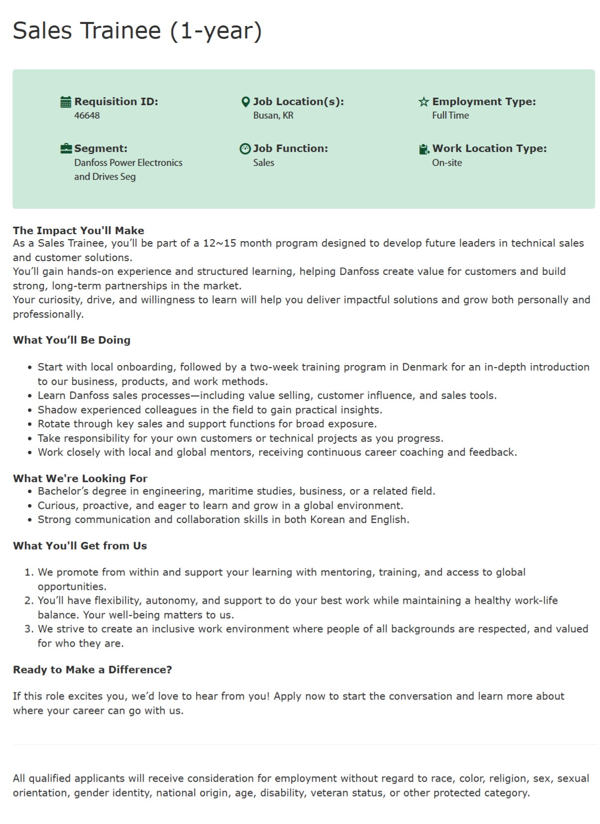 [댄포스코리아 Danfoss Korea] Sales Trainee (영업인턴, 1년) 채용