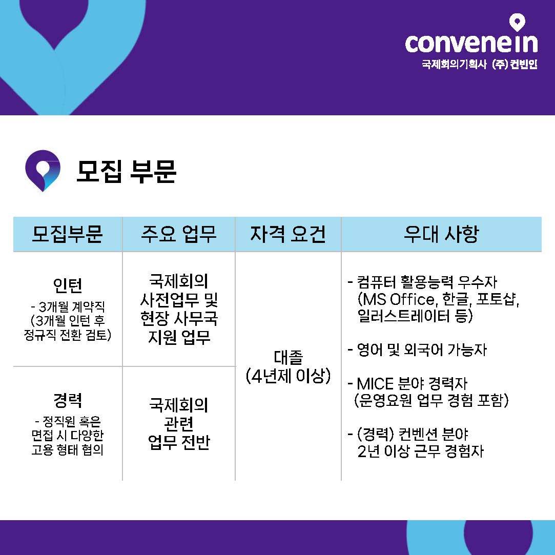 [(주)컨빈인] 국제회의 기획 - 신입 및 경력직 채용 공고 (공고 마감: 12월 21일(일))
