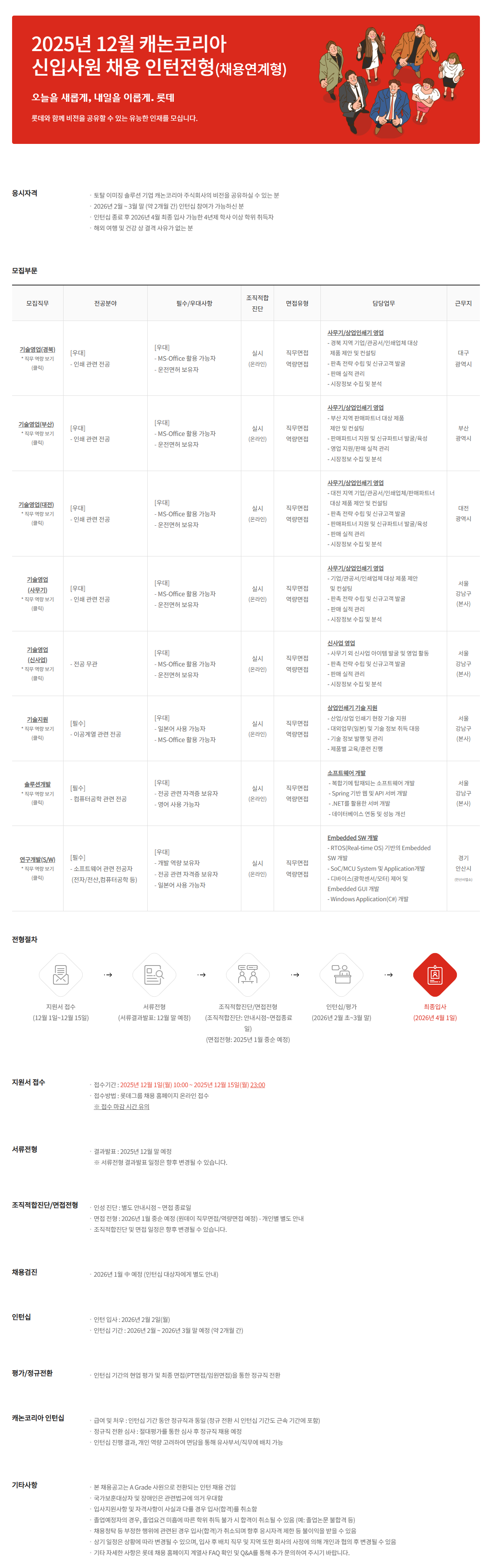 [롯데그룹] 2025년 12월 캐논코리아 신입사원 채용 인턴전형(채용연계형)