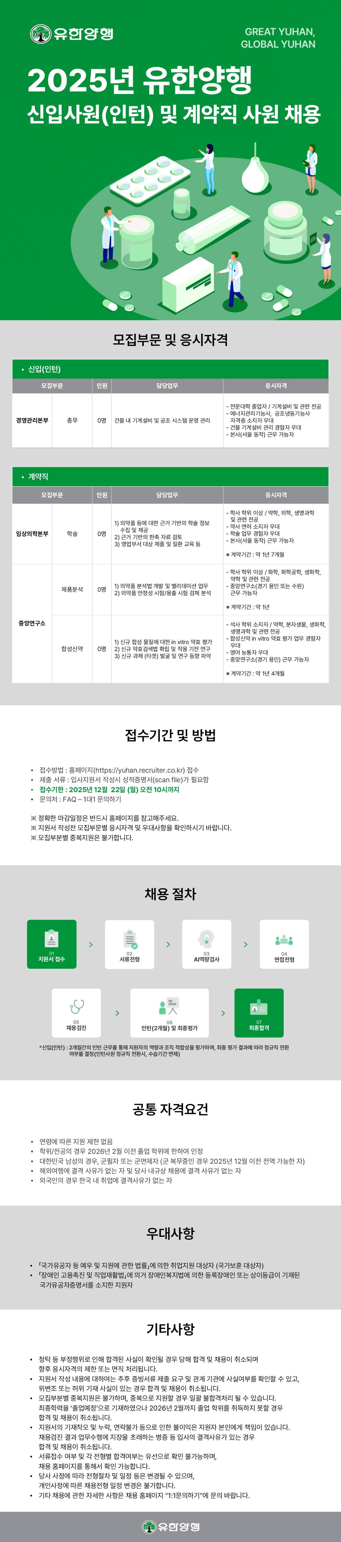 [유한양행] 신입(인턴) 및 계약직 사원 채용