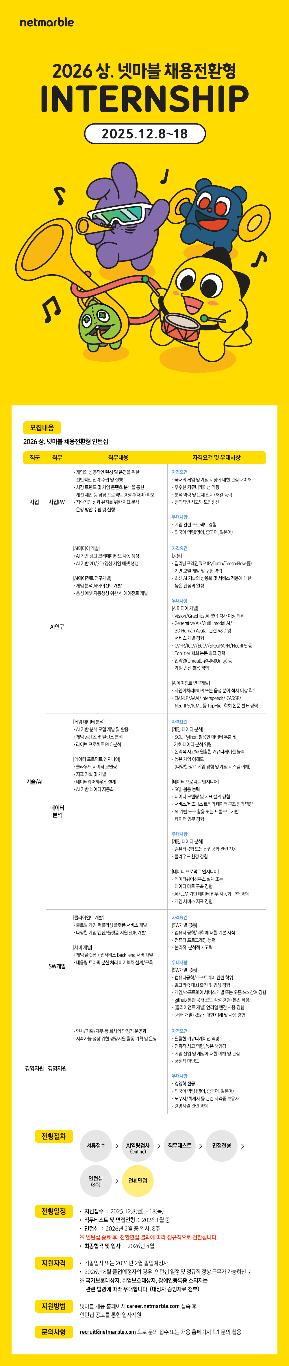 [넷마블] 2026 상. 넷마블 채용전환형 인턴십 (~12/18, 17:00까지)