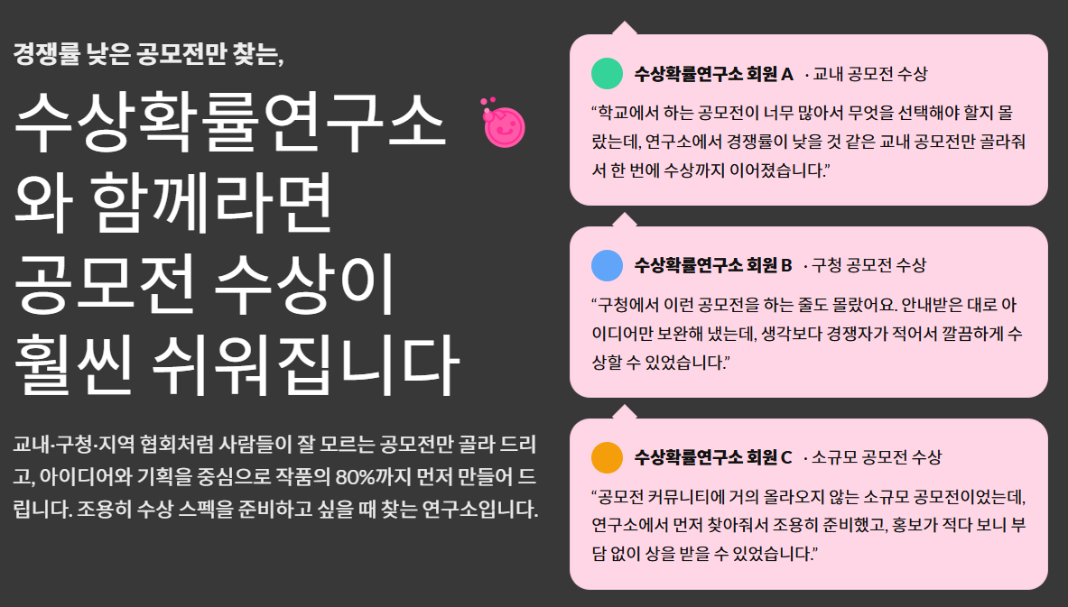 경쟁률 낮은 공모전만 도전하는 곳, 「수상확률연구소」