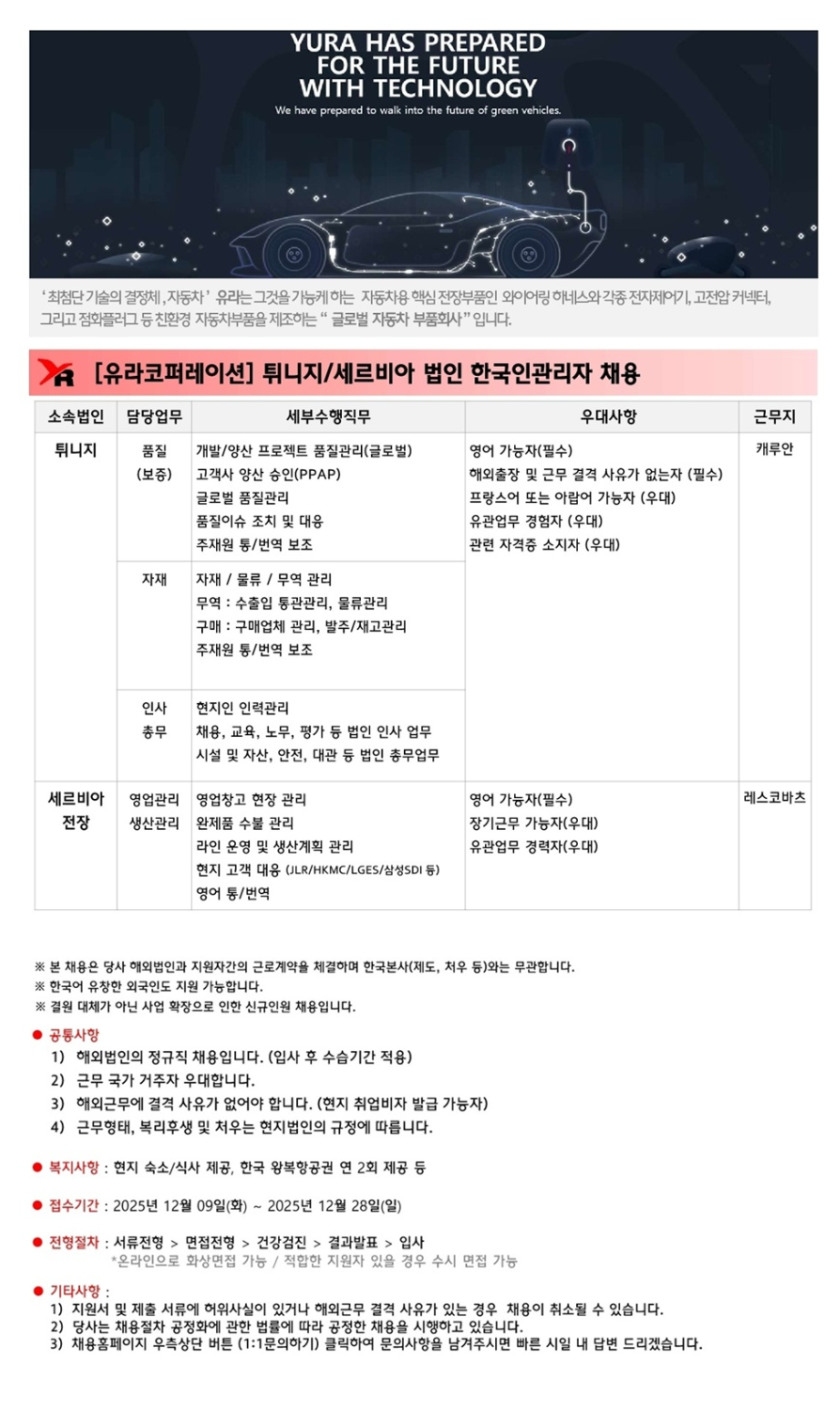 [유라코퍼레이션] 튀니지/세르비아 법인 한국인관리자 채용