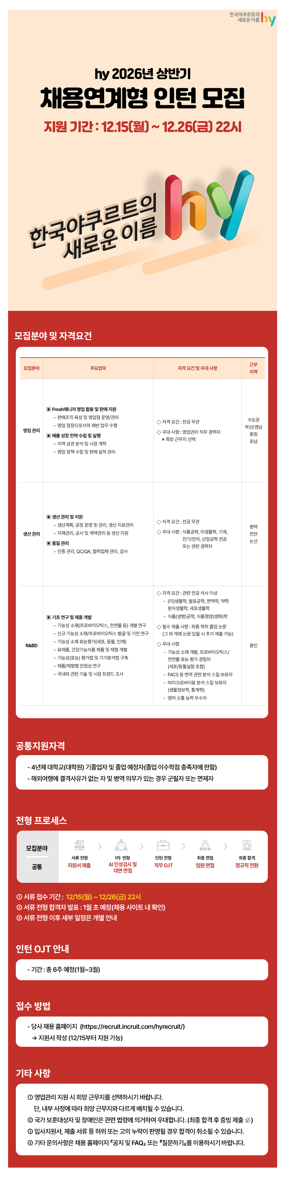 [hy한국야쿠르트] hy 2026년 상반기 채용연계형 인턴 채용