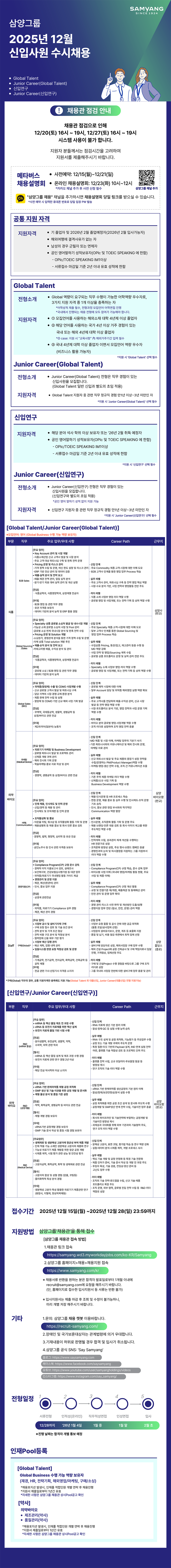 [삼양그룹] [삼양바이오팜] 12월 수시채용(의약바이오) R&D부문(신입연구/Junior Career  전형)