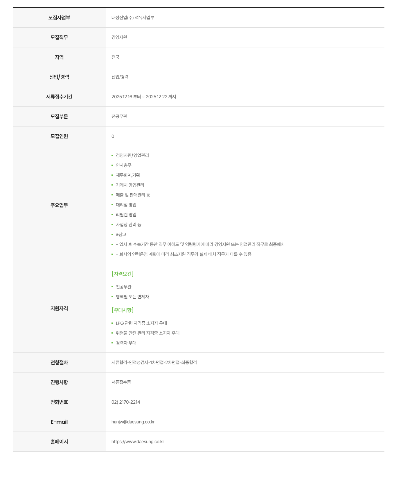 [대성그룹] [대성산업] 서울석유사업부 경영지원/영업관리 신입사원 채용