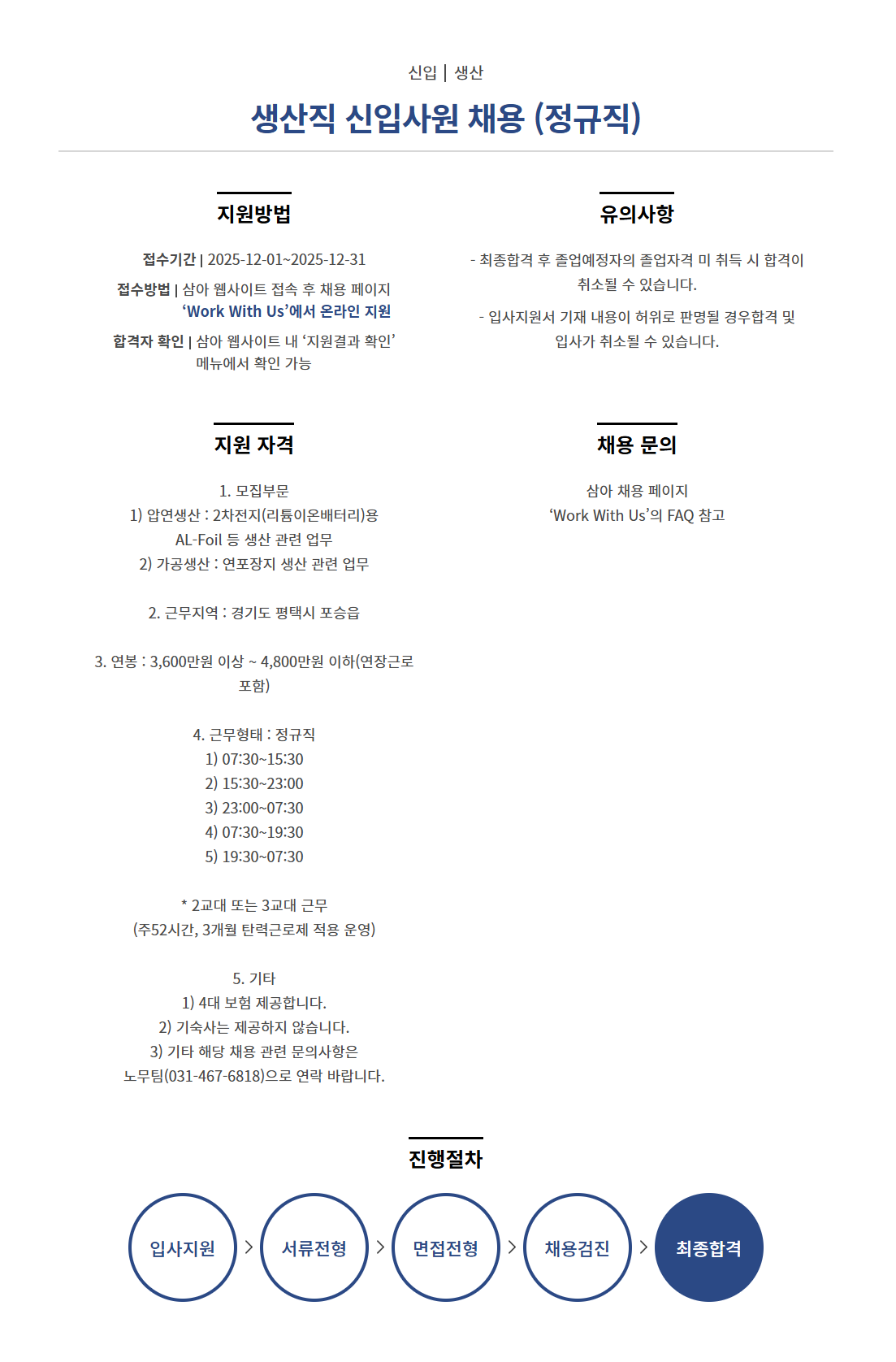 삼아알미늄] 2026년 상반기 정규직 신입사원 채용(생산직) | 공모전 대외활동-링커리어