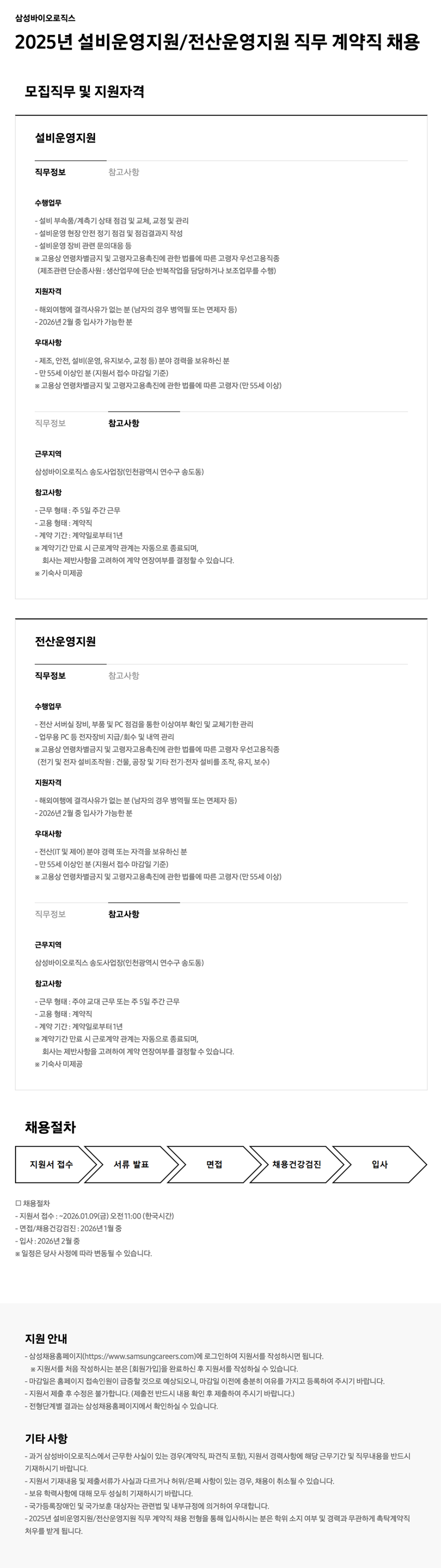 [삼성바이오로직스] 2025년 설비운영지원/전산운영지원 직무 계약직 채용