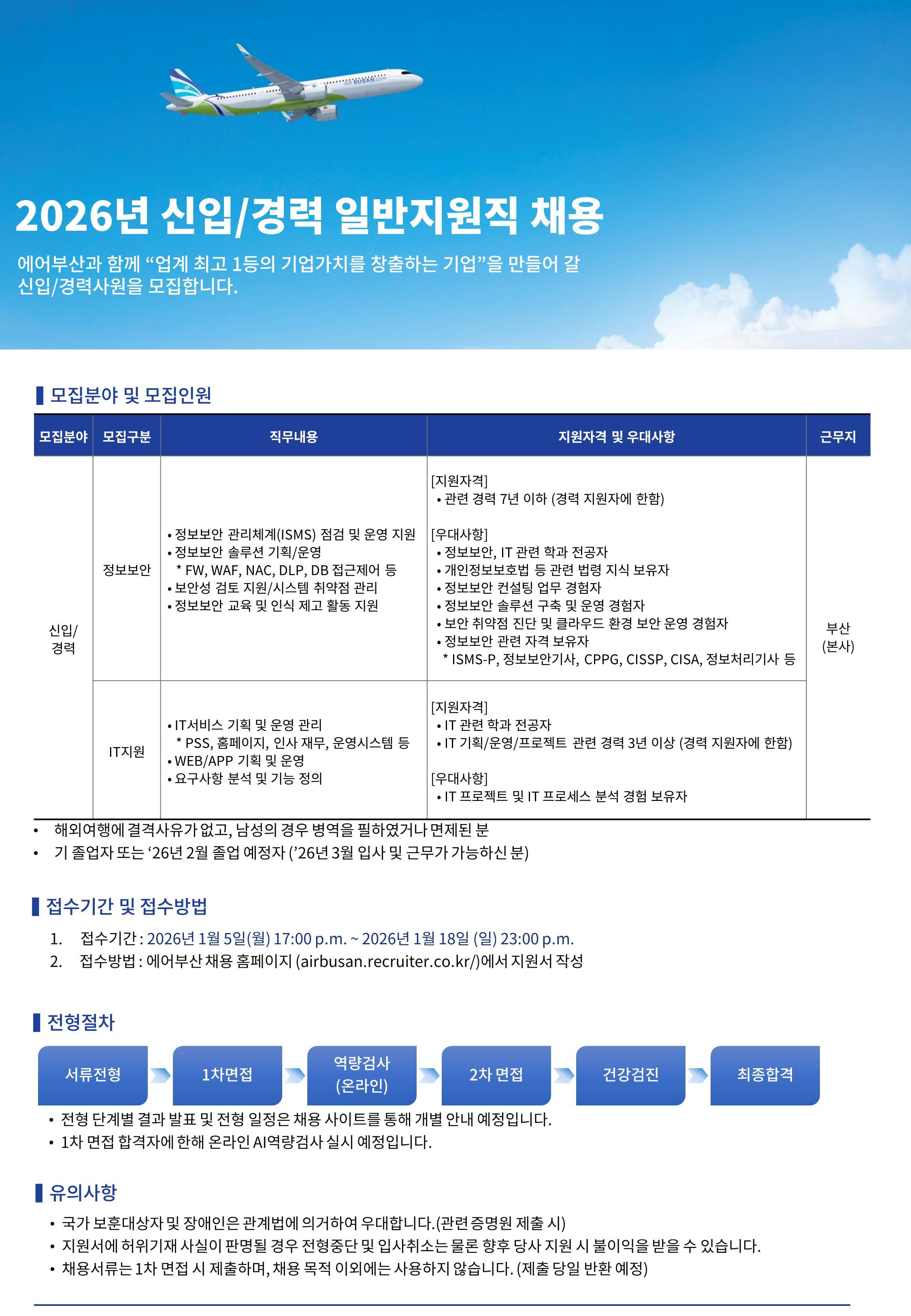 [에어부산] '26년 1월 신입/경력 일반지원직 채용(정보보안, IT지원)