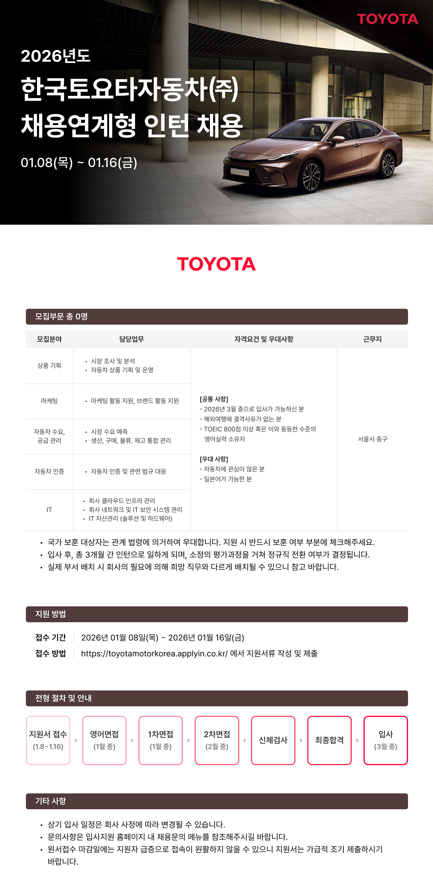 [한국토요타자동차] 2026 채용연계형 인턴 채용