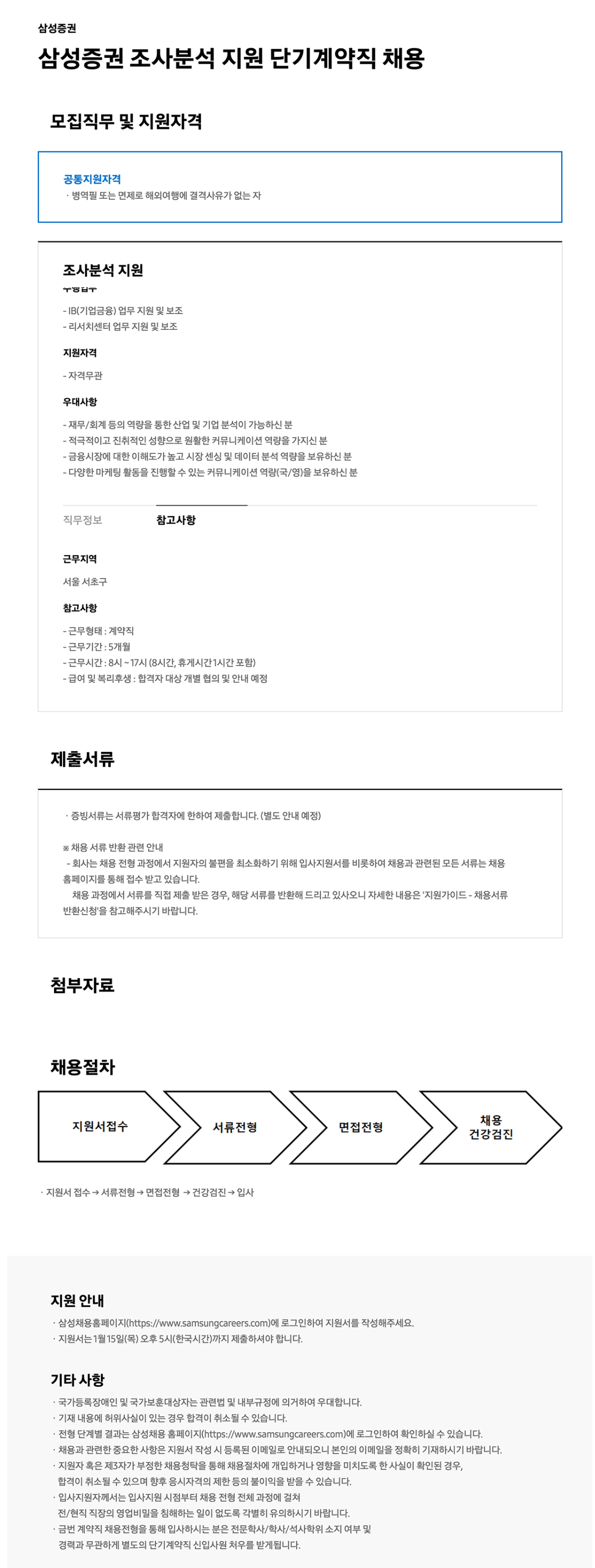 [삼성증권] 조사분석 지원 단기계약직 채용