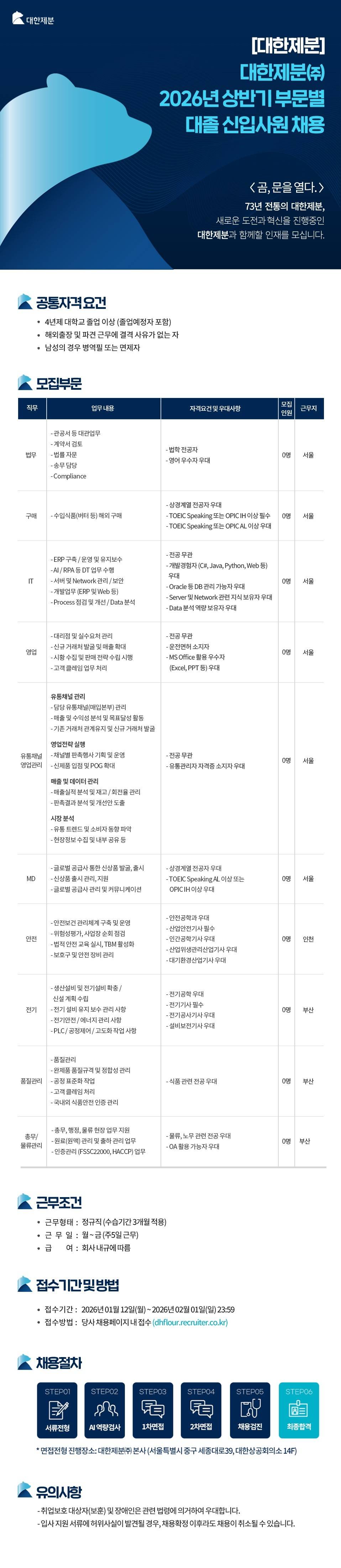 [대한제분] 2026년 상반기 부문별 대졸 신입사원 채용