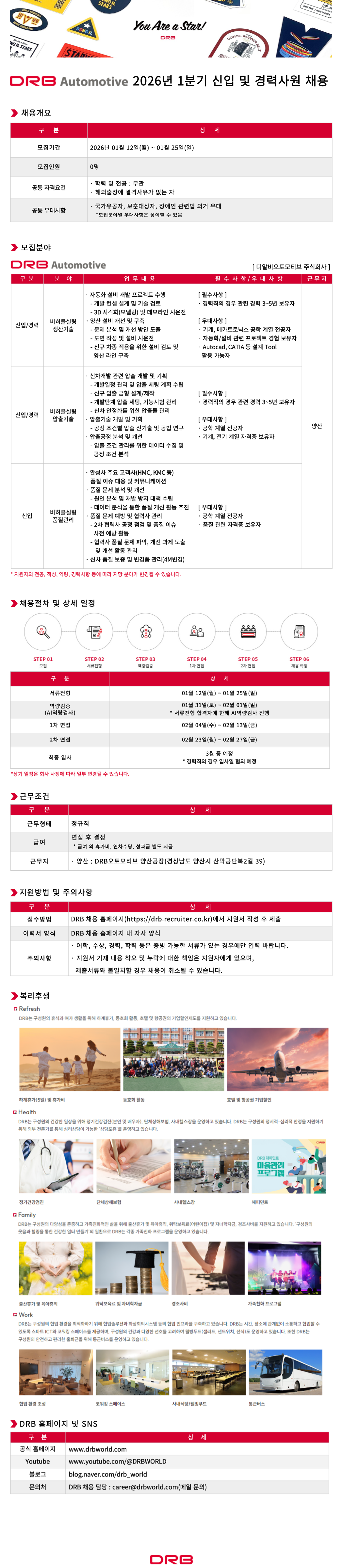[DRB오토모티브] 2026년 1분기 사원 채용(신입/경력)