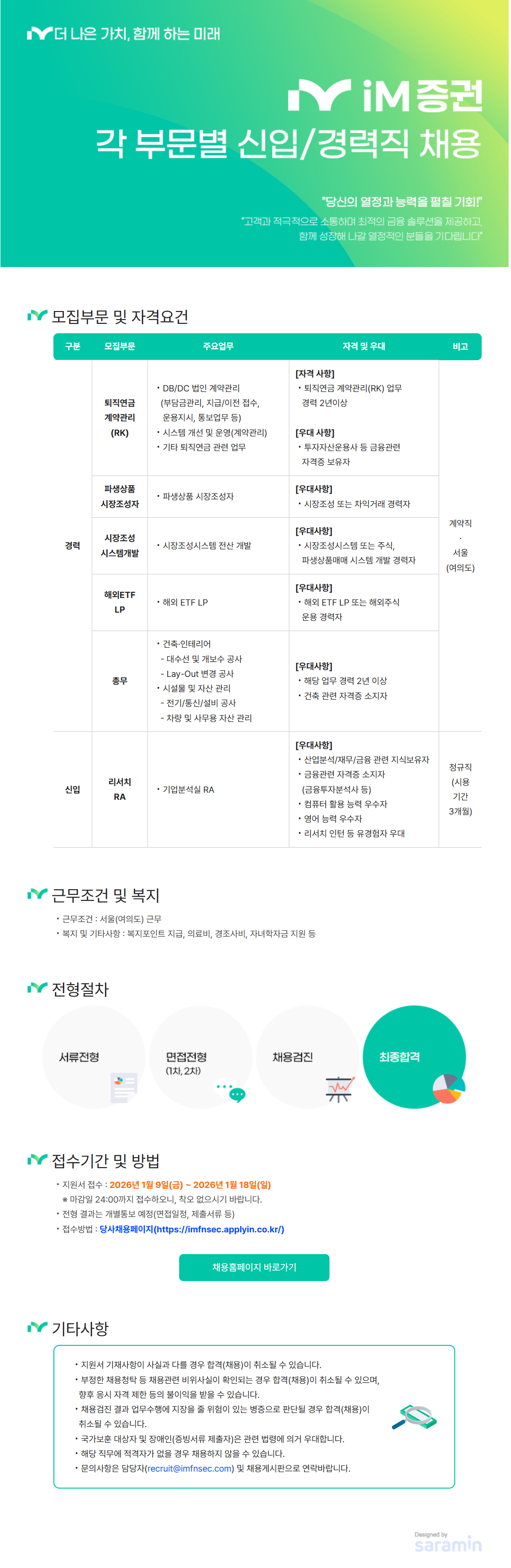 [iM증권] 각 부문별 신입, 경력직 채용