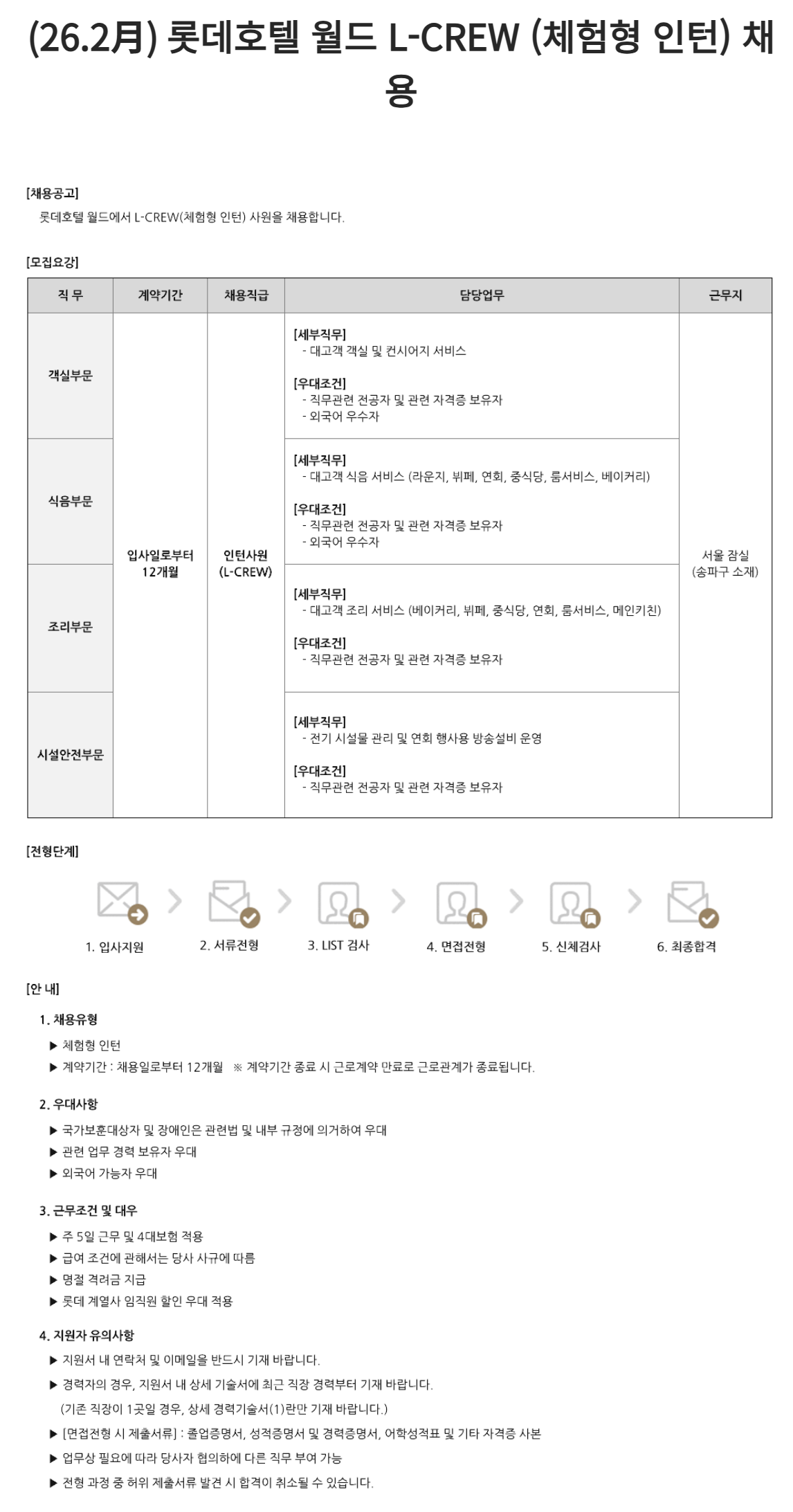 [롯데호텔] 월드 L-CREW (체험형 인턴) 채용 (26.2月)