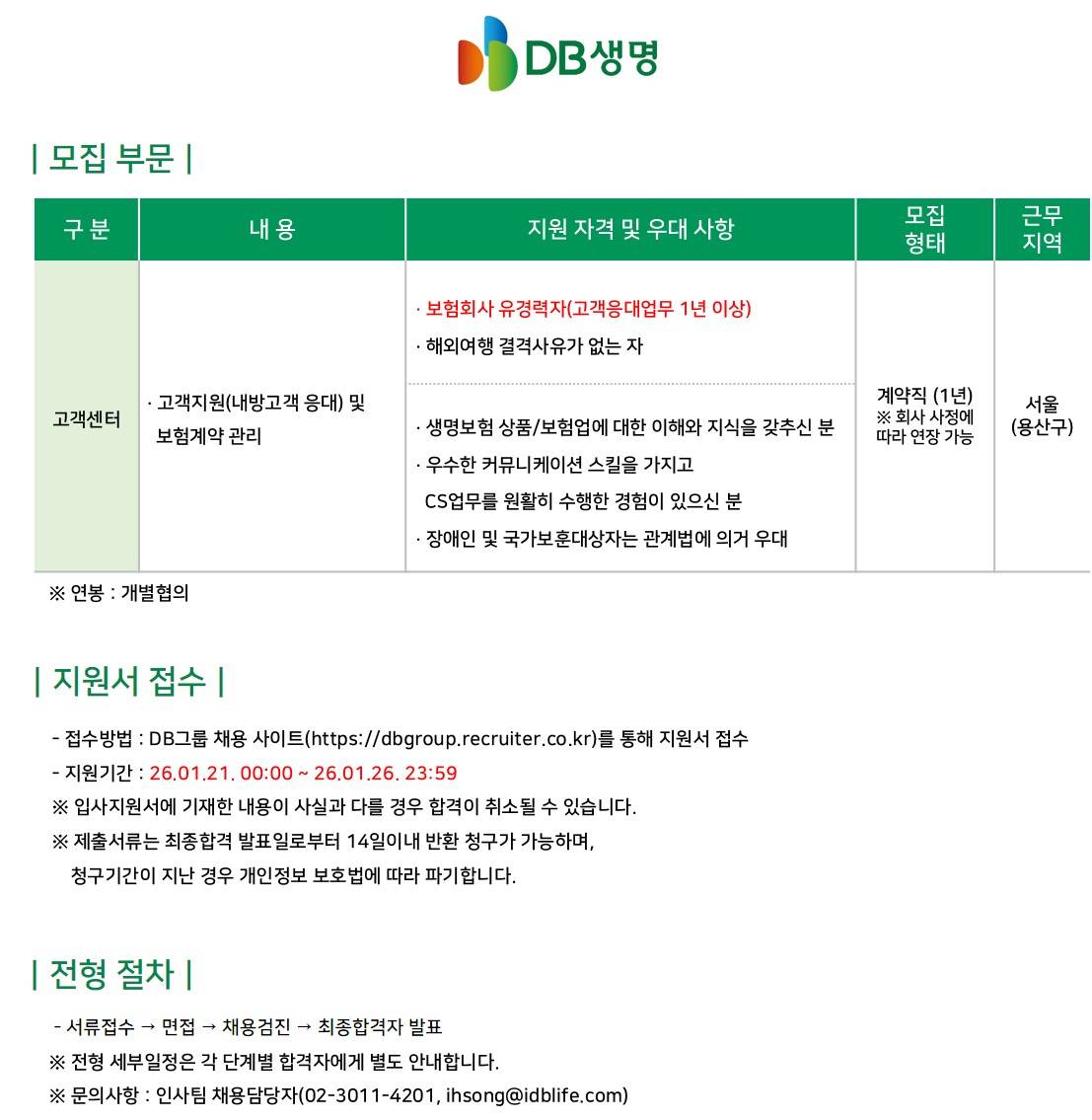 [DB생명] 고객센터 계약직 채용