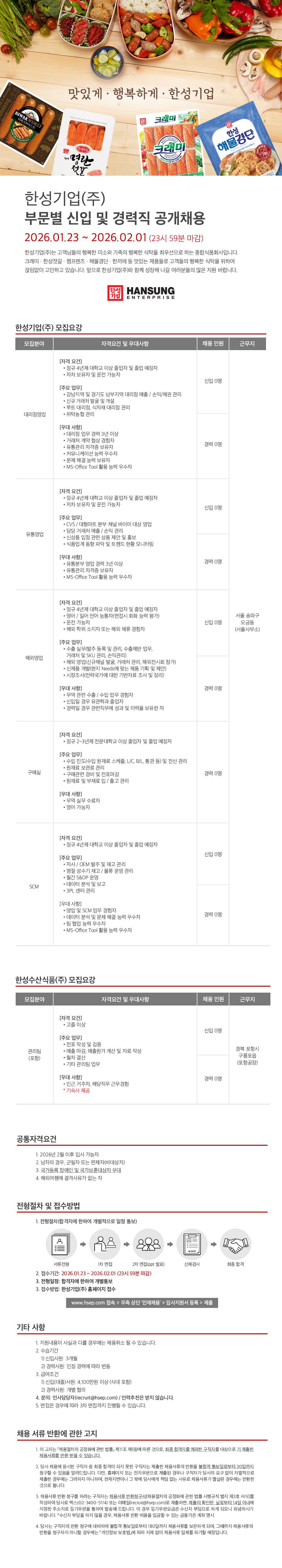 [한성기업] 2026년 상반기 부문별 신입 및 경력직 공개채용